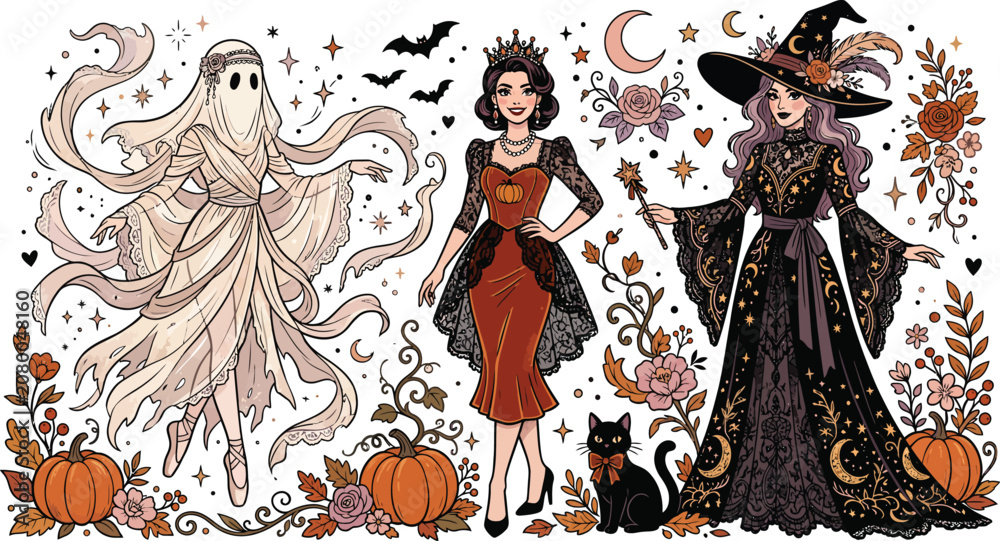Obraz premium Cute witch and fairy having coffee with a friendly ghost at a halloween party table with pumpkins and decorations