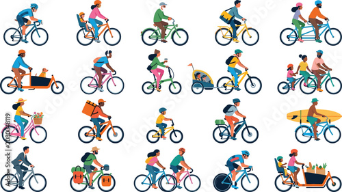 Canvastavla Diverse set of people riding different bicycles including cargo bike tandem elec