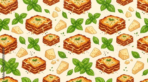 Seamless Lasagna Basil Cheese Wedges Pattern Background