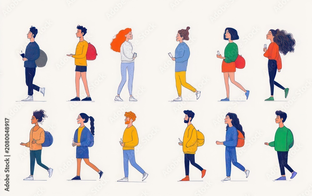 Fototapeta premium two rows of six diverse illustrated people walking in profile, carrying backpacks and phones, wearing casual colorful clothing, relaxed cheerful expressions, side view pedestrian motion