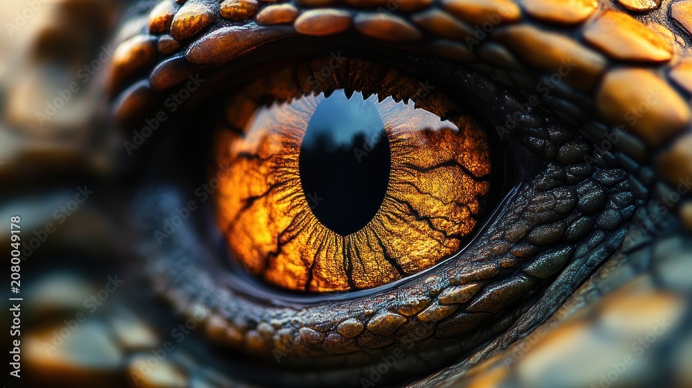Fototapeta premium intense close-up of a reptile eye with amber iris, vertical slit pupil and textured scales reflecting a silhouetted landscape, watchful and primal