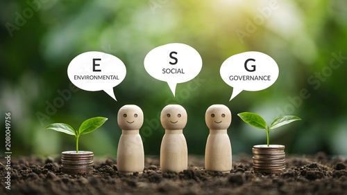 Wooden Figures with ESG Speech Bubbles on Soil Representing Environmental Social Governance and Sustainable Business