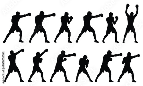 Billede på lærred Minimalist Boxer Fighter Actions and Boxing Sport Silhouette Vector Icons Set