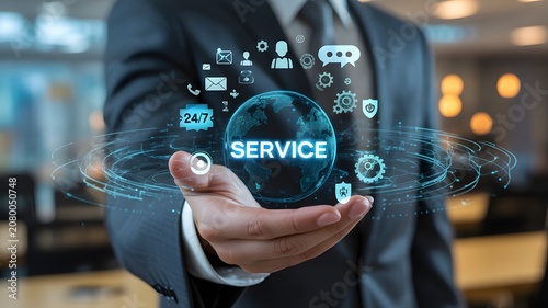 Businessman Presenting Futuristic Digital Service Interface with AI Technology and Business Innovation