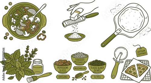 Canvastavla Hand Drawn Pizza Ingredients and Cooking Utensils Collection with Dough, Herbs,