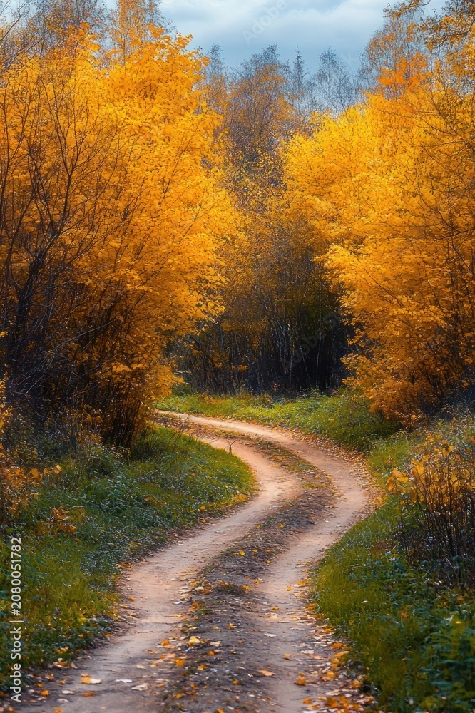 Fototapeta premium Winding dirt road through a tunnel of golden autumn foliage, a serene and inviting forest path under a soft overcast sky
