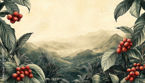 Tranquil tropical mountain valley at dawn framed by coffee plant branches with ripe red cherries and broad green leaves, misty layered hills and distant peaks under a warm golden sky