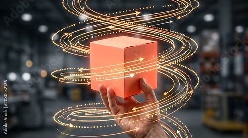 Human hand holding orange cardboard box near glowing light lines swirling around package inside large warehouse space.