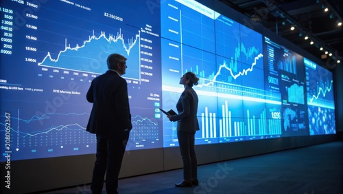 Two business professionals analyze financial data on a large screen displaying graphs and charts in a modern office setting.