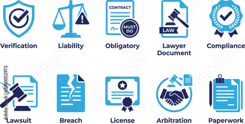Bild auf Leinwand Set of legal service icons featuring law related symbols like gavel scale contract compliance and courtroom