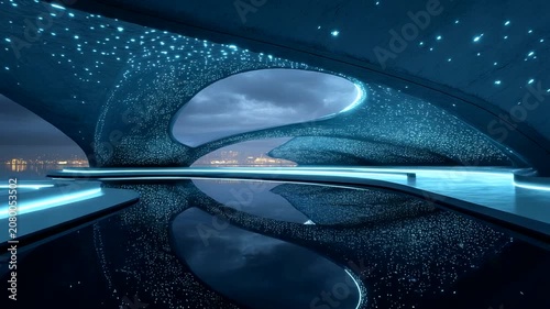 Futuristic architectural design with glowing blue lights and starry ceiling.