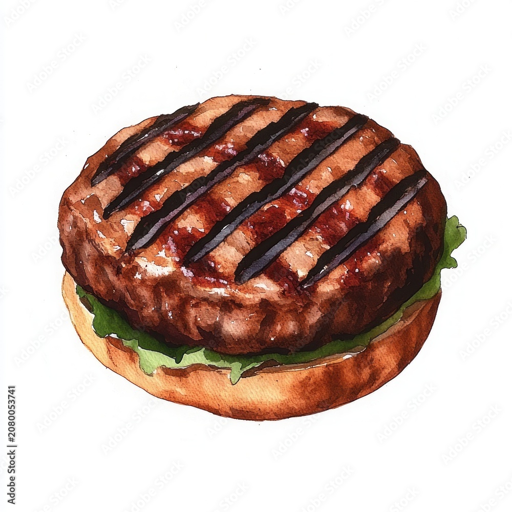 Fototapeta premium appetizing grilled beef burger patty with lettuce on bottom bun, seared with dark grill marks, watercolor food illustration