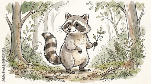 Raccoon standing in forest holding leaf.