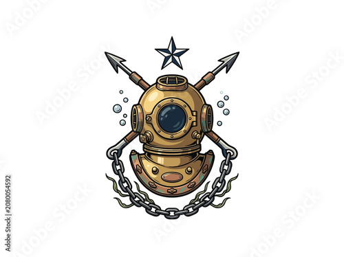 Fotografía Ornate Vintage Diver Helmet With Crossed Harpoons, Star Emblem, And Decorative C