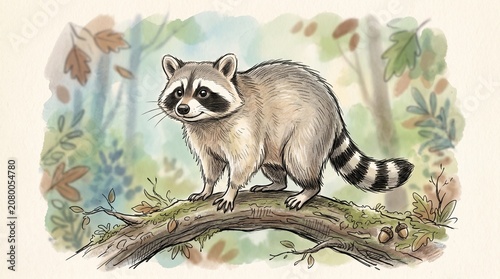 Raccoon standing on tree branch outdoors.