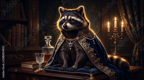 Regal Raccoon in Luxurious Study Setting.