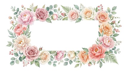 Elegant Floral Border Frame, Watercolor Roses and Eucalyptus Leaves, Pastel Garden Arrangement for Invitations and Stationery Design isolated on White Background