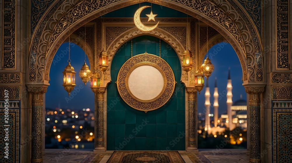 Obraz premium Islamic archway with crescent moon and cityscape at dusk