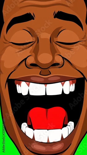 Cartoon man laughing heartily on green background.