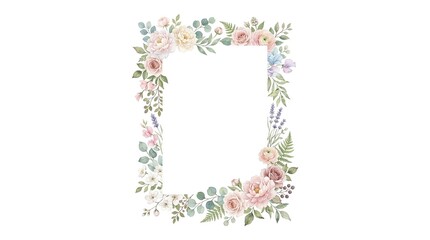 Watercolor Floral Frame, Delicate Rose and Eucalyptus Border, Botanical Wedding Invitation Design Element, Pastel Garden Illustration isolated on White Background