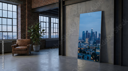 Modern industrial loft mockup with large canvas frame showing city skyline at night