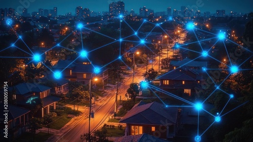 Nighttime suburban neighborhood and distant city skyline linked by glowing blue network nodes and lines, conveying a futuristic, connected and intelligent city atmosphere