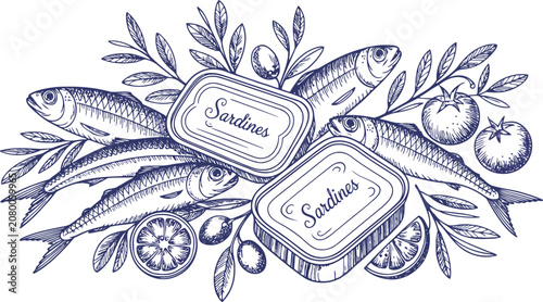 Sardines in cans surrounded by fish, tomatoes, lemons and olives canned food