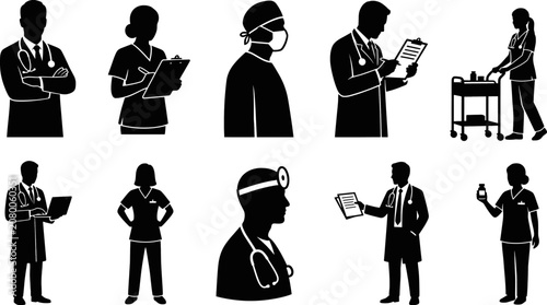 Schilderij op canvas Medical Professional Silhouettes and Doctor Nurse Avatar Vector Set