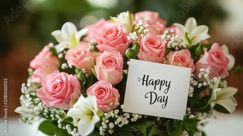 Bouquet of pink roses, white lilies and baby's breath with a greeting card reading Happy Day conveying a joyful romantic celebration