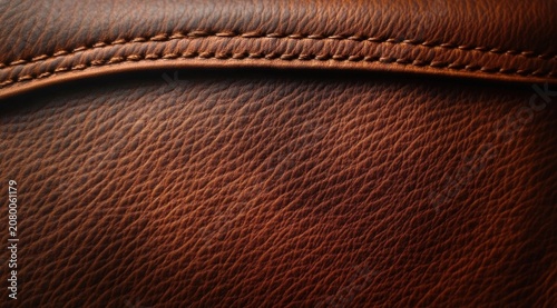 Close-up of stitched brown leather upholstery with rich grain, warm lighting, visible seam and handcrafted stitching conveying a luxurious tactile cozy feel