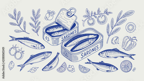 Two open cans of sardines with fish, tomatoes, lemons and leaves canned food