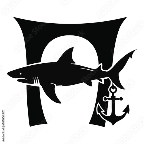 Shark silhouette passing through the letter A with anchor design