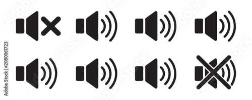Foto Set of black speaker volume icons showing mute and various sound wave patterns on transparent background