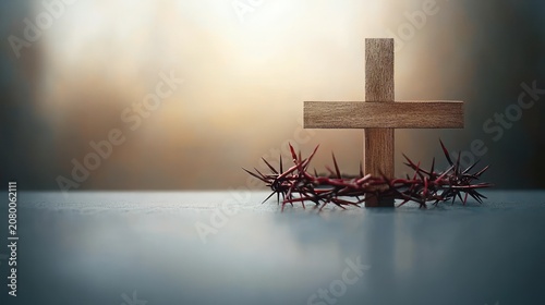 wooden cross with crown of thorns on a reflective surface, soft warm backlight and blurred background conveying a solemn, contemplative mood