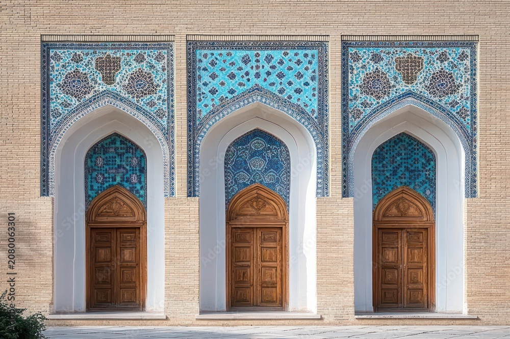 Obraz premium Three arched recessed doorways with carved wooden doors and blue geometric tile mosaics on a sunlit brick facade, evoking calm symmetry