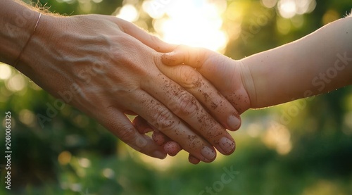Adult and child's dirt-smudged hands clasped together in warm golden sunlight, expressing tenderness, trust and protection