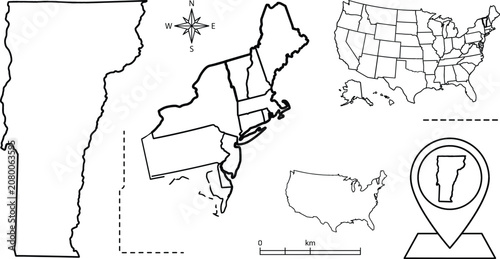 Obraz na płótnie Vermont map doodle vector set with northeastern united states border pin pointer