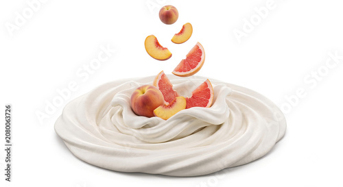 Distant shot of peach and grapefruit slices falling into thick whipped cream with a clean splash
