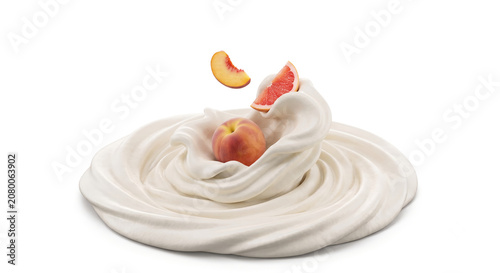 Distant shot of peach and grapefruit slices falling into thick whipped cream with a clean splash
