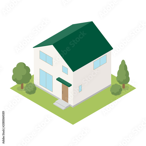 緑の屋根のアイソメトリックな一戸建てイラスト