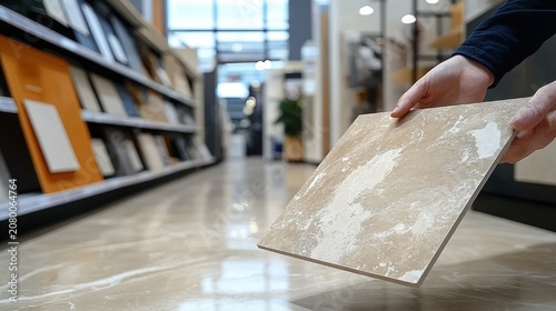 person holding beige ceramic floor tile sample in bright showroom aisle with glossy reflective floor and display shelves, focused decision-making mood