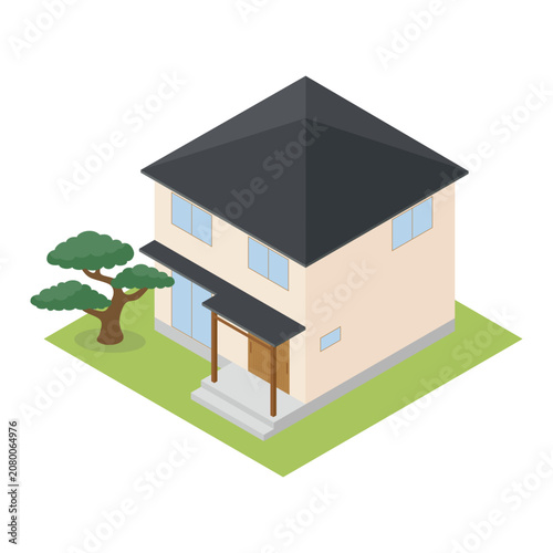 黒い屋根と松の木があるアイソメトリックな一戸建てイラスト