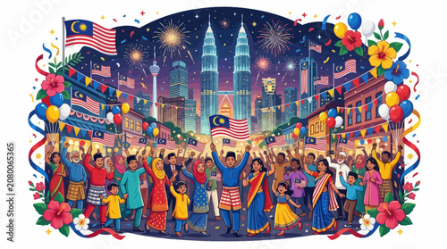 Vibrant multicultural festival crowd celebrates in Kuala Lumpur cityscape at night with fireworks