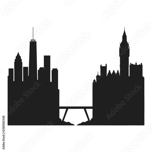 Silhouette of two city skylines connected by a bridge