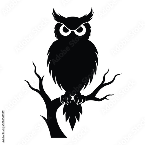 Silhouetted Owl Perching on a Tree Branch Vector Icon
