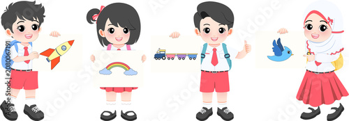 cute indonesian elementary students showing drawing of their artworks