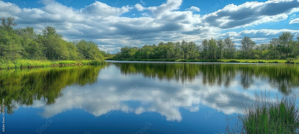 Fototapeta premium Tranquil lakeside scene with mirror-like water reflecting fluffy clouds, green treeline and reeds under a bright blue sky