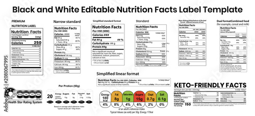 Nutrition facts label. Vector templates. US FDA Standard. Food packaging. Food traffic light.