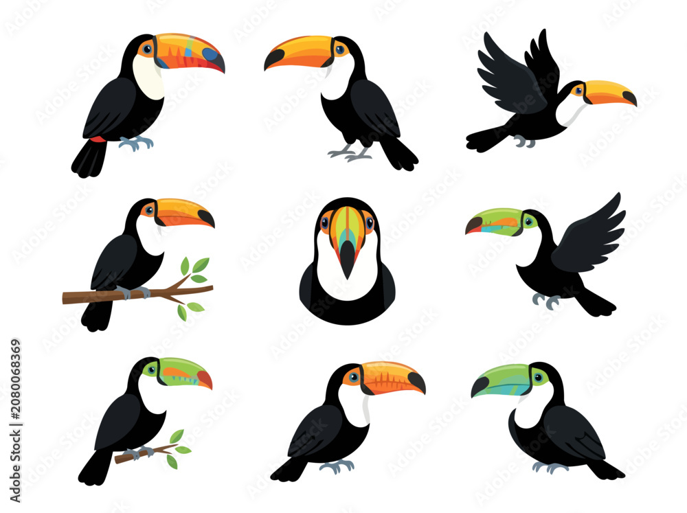Fototapeta premium A collection of nine colorful toucan birds in various poses and actions.
