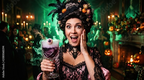 Surprised woman in dark gothic baroque halloween costume with black wig decorated with pumpkins and feathers, holding spooky eyeball cocktail amid green smoky party atmosphere.